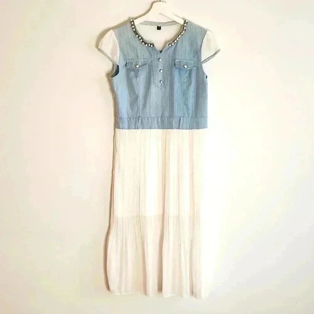 SUMMER  SHORT SLEEVES CHIFFON DENIM DRESS